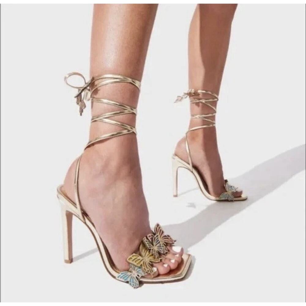 Steve Madden Utopia Gold Lace-Up Sandals with Butterflies High Heel, Size 8
